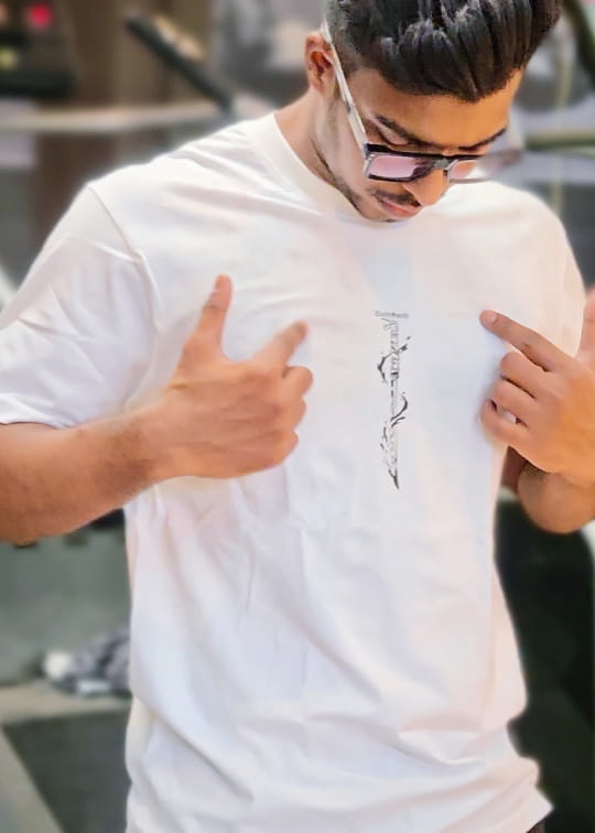Afnan wearing Cloth Smith tee